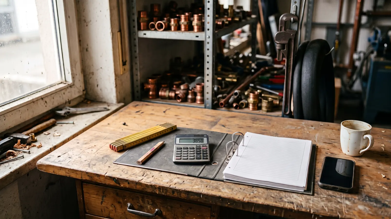 Werkbank als Schreibtisch in einer Sanitärwerkstatt: Taschenrechner, Zollstock, aufgeschlagener Auftragsordner, Kaffeetasse und ein ausgeschaltetes Smartphone, im Hintergrund Regale mit Kupferfittings
