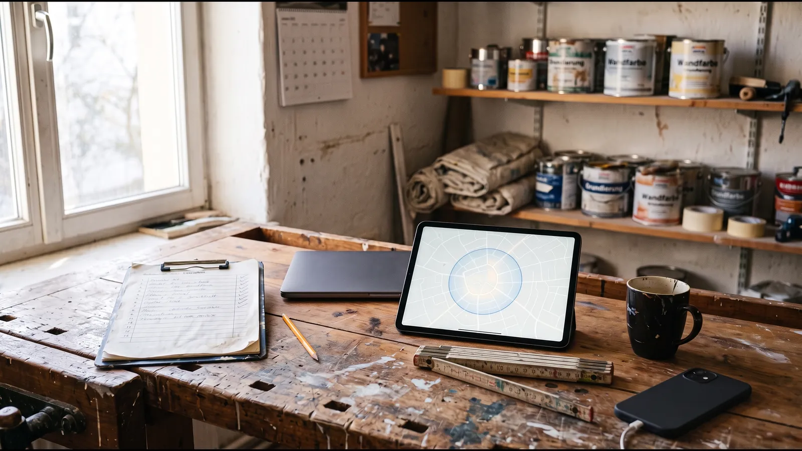 Werkbank im Büro eines Malerbetriebs: Klemmbrett mit abgehakter Checkliste, Bleistift, zugeklapptes Notebook und ein Tablet mit Stadtplan, auf dem ein Umkreis eingezeichnet ist, dahinter Regale mit Farbeimern
