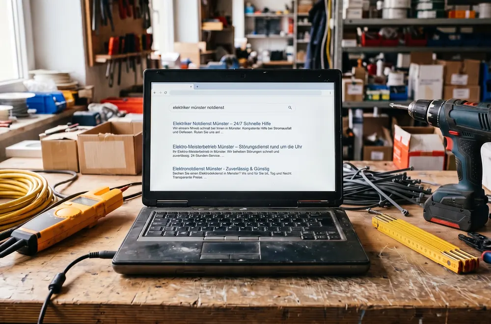 Laptop auf einer Werkbank zeigt die Trefferliste zur Suche „elektriker münster notdienst“