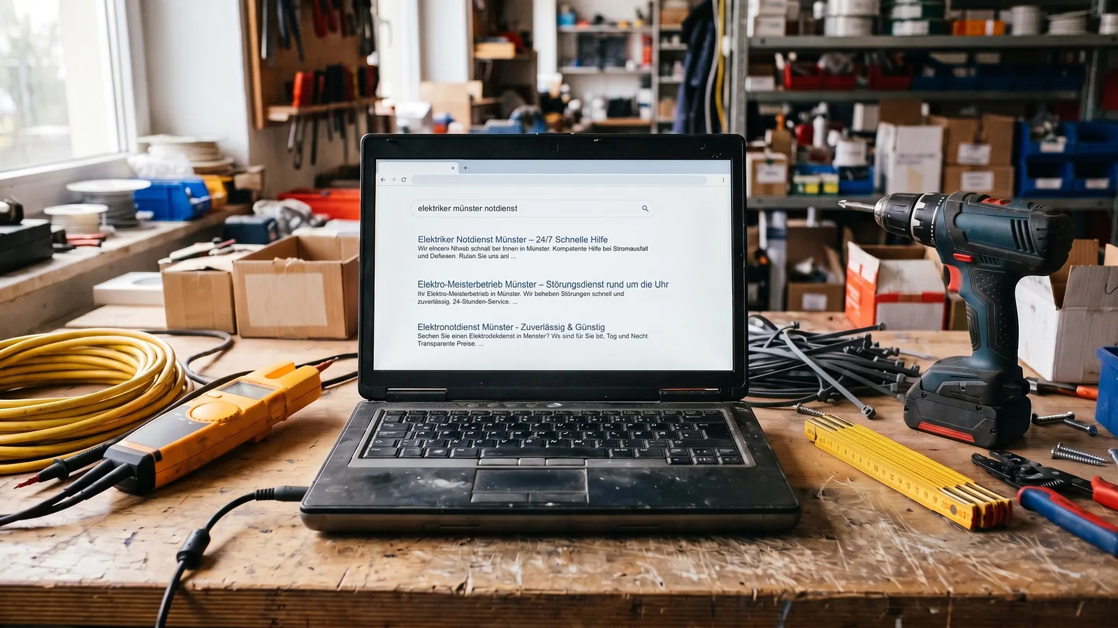Laptop auf einer Werkbank in einer Elektrowerkstatt zeigt die Trefferliste zur Suche „elektriker münster notdienst“, daneben Kabelrolle, Zangenmessgerät und Akkuschrauber