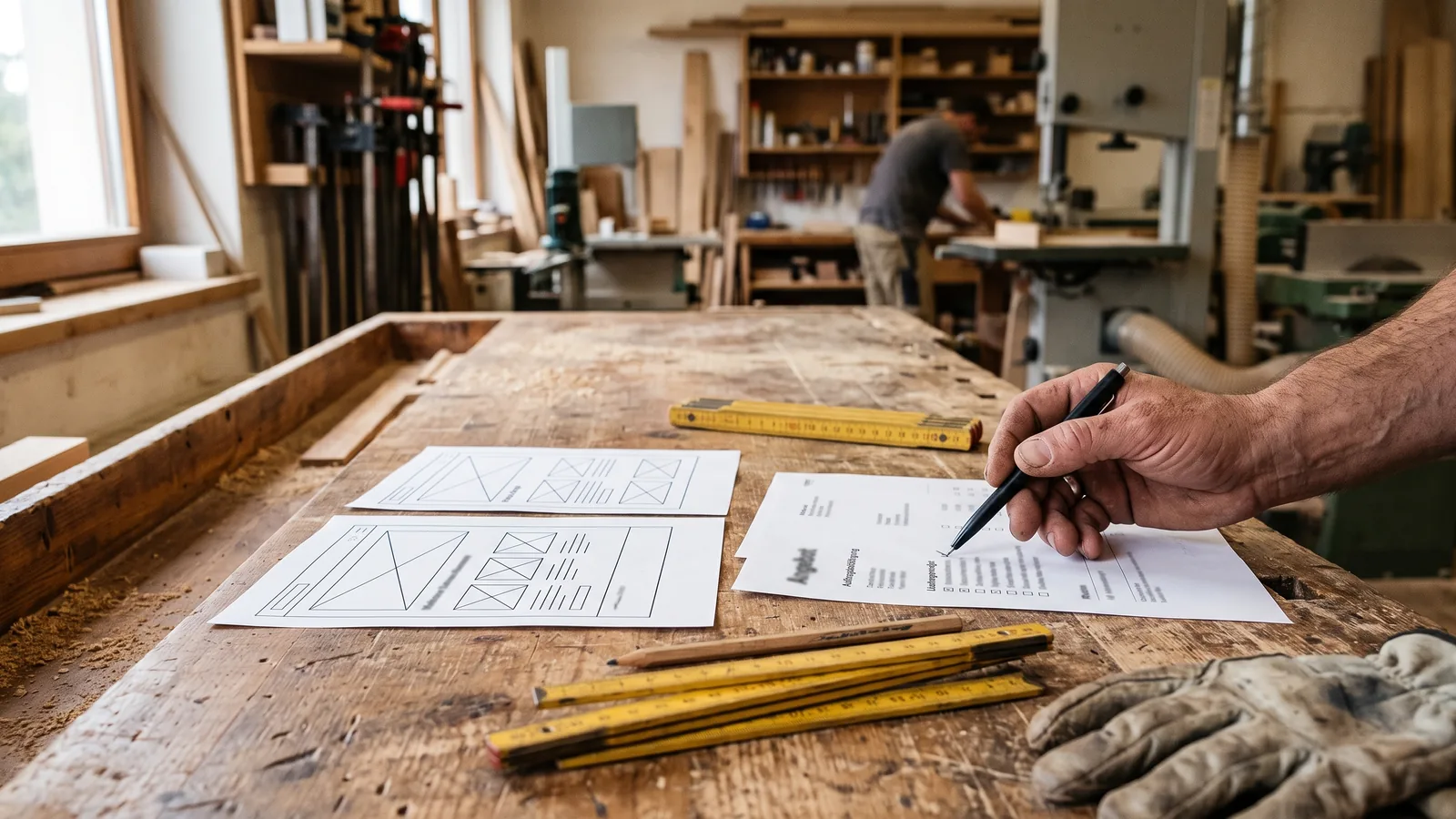 Werkbank in einer Tischlerei mit zwei ausgedruckten Website-Entwürfen, einem Angebot mit abgehakten Positionen, Zollstock und Arbeitshandschuh; eine Hand hakt mit dem Stift eine Position ab