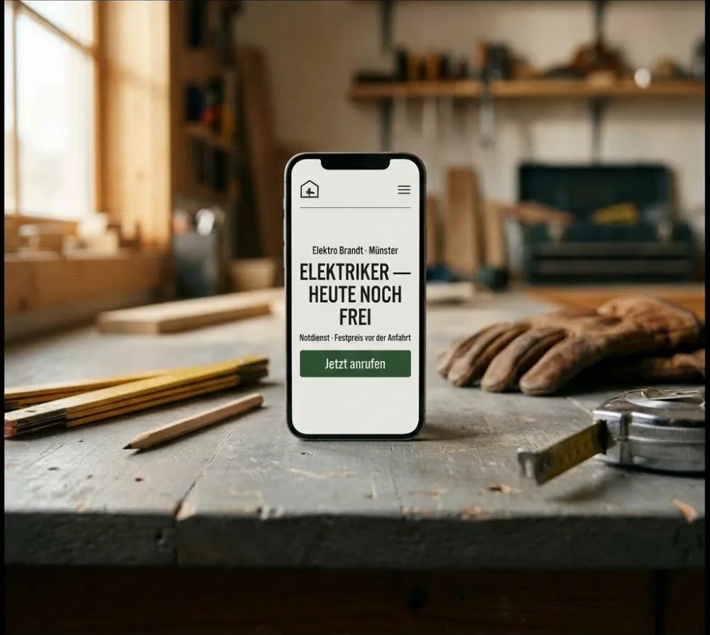 Smartphone auf einer Werkbank zeigt die Startseite eines Elektrobetriebs mit Anruf-Knopf