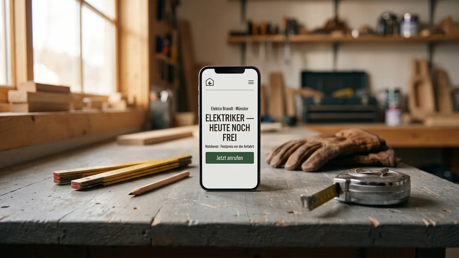Smartphone auf einer Werkbank zeigt die Startseite eines Elektrobetriebs mit Anruf-Schaltfläche, daneben Zollstock, Bleistift und Arbeitshandschuhe