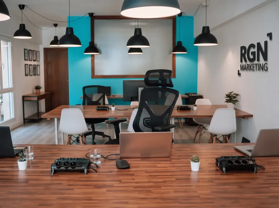 Leerer Bürostuhl an einem Arbeitsplatz mit Laptop, an der Wand das Logo von RGN Marketing