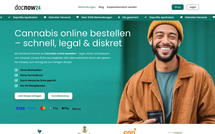 Landingpage von DocNow24 für das Cannabis-Rezept online