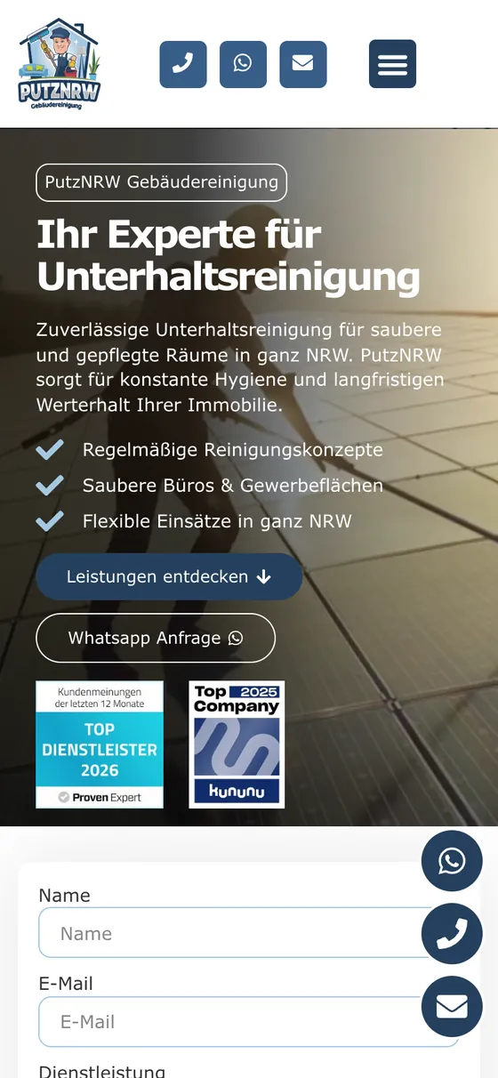 Startseite von PutzNRW Gebäudereinigung auf dem Handy: Kopfzeile, Überschrift und Anfrage-Knopf