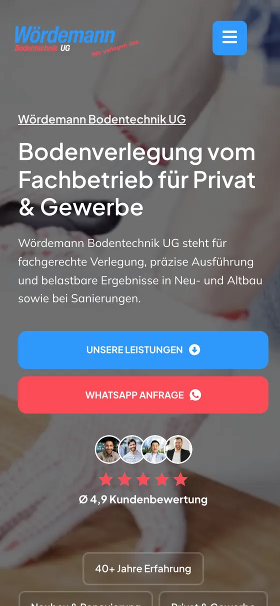Startseite von Wördemann Bodentechnik auf dem Handy mit Leistungsknöpfen und Bewertungszeile
