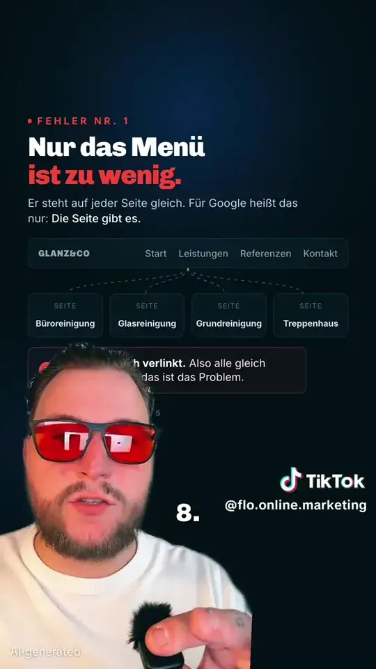 Website-Menü mit vier Leistungen und der Hinweis, dass alle auf dieselbe Seite führen