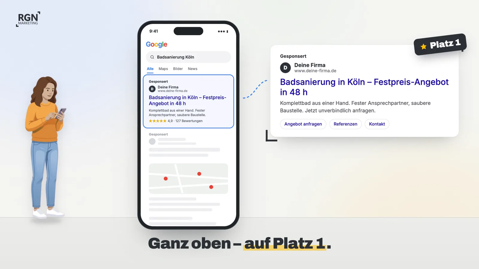 Erklärvideo: Eine Kundin sucht bei Google nach „Badsanierung Köln“, die Anzeige des Betriebs steht auf Platz 1