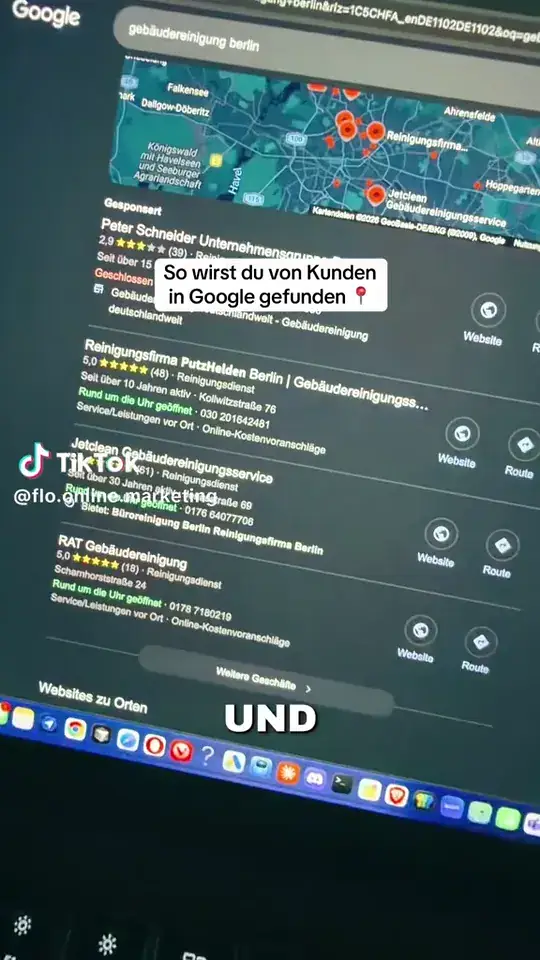 Kartenbereich mit Gebäudereinigern in Berlin und einer Auswertung der Kategorien
