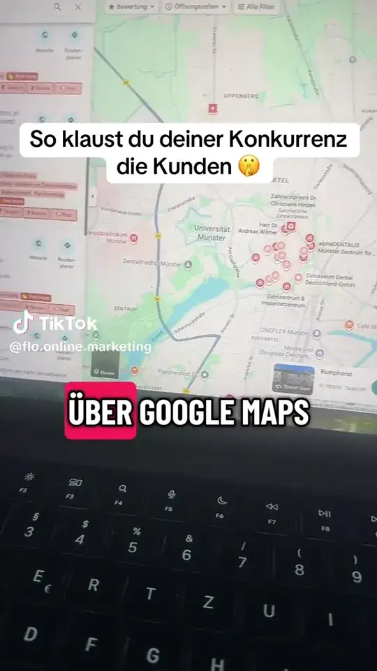 Kartenansicht von Münster mit vielen Betrieben, dazu der Hinweis auf Google Maps