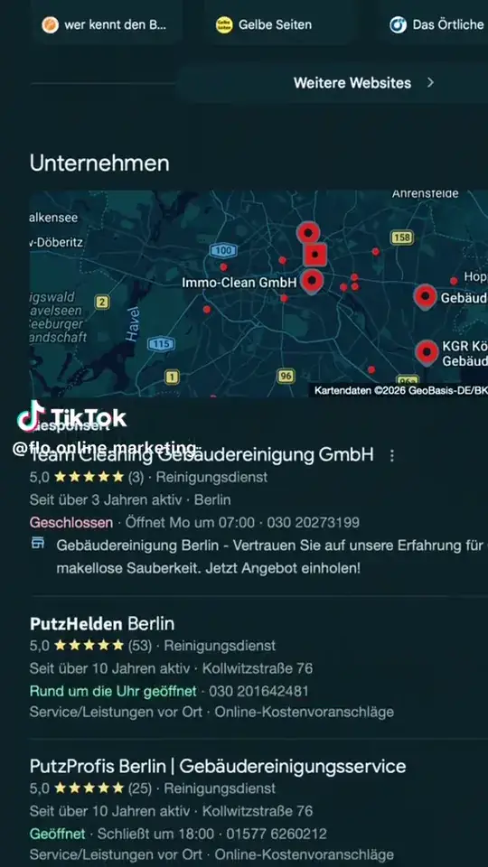 Google-Unternehmensblock mit drei Gebäudereinigern und ihren Bewertungen