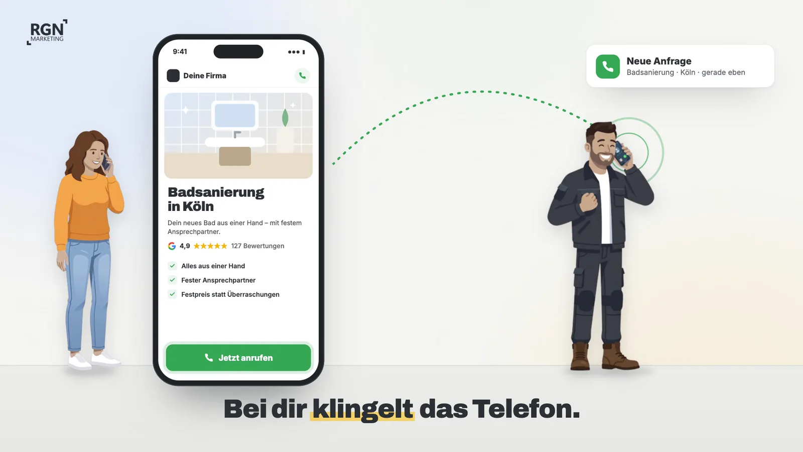 Erklärvideo: Eine Kundin findet einen Handwerksbetrieb über Google Maps und ruft über die neue Website an