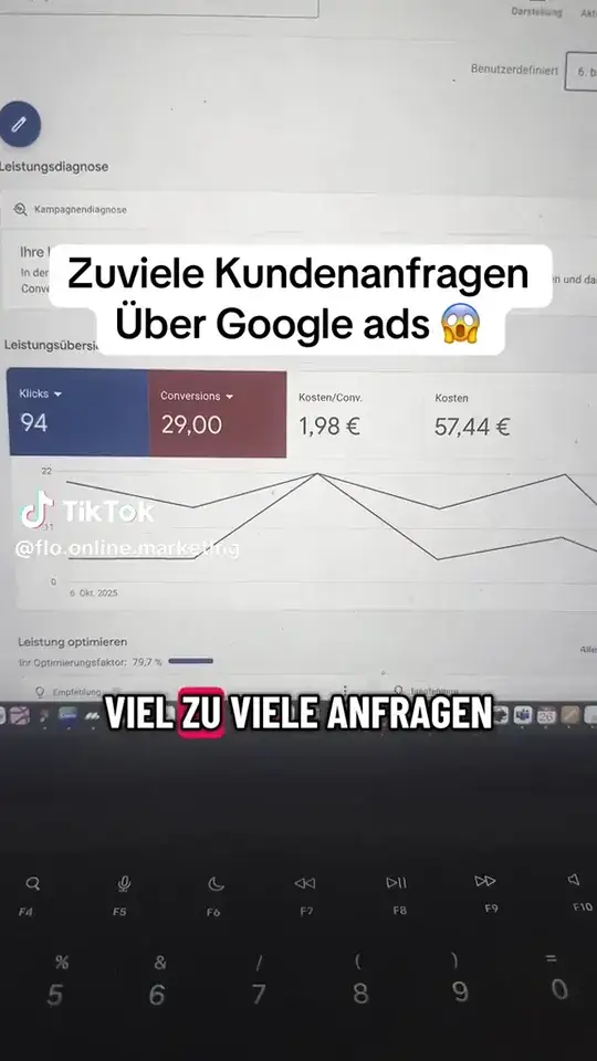 Bildschirmfoto eines Google-Ads-Kontos mit 94 Klicks und 29 Conversions zu 1,98 € je Anfrage